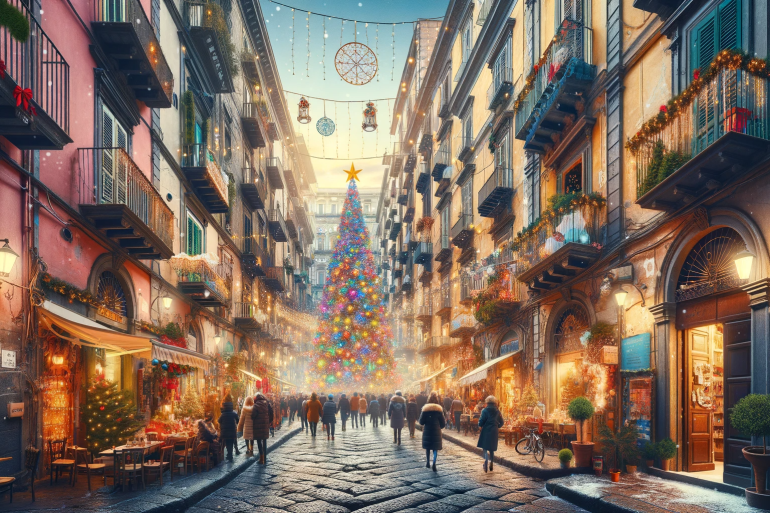 DALL·E-2023-12-08-10.37.25-Create-a-realistic-photo-of-the-historic-Chiaia-district-in-Naples-Italy-during-the-Christmas-season.-The-scene-should-depict-charming-narrow-stree.png